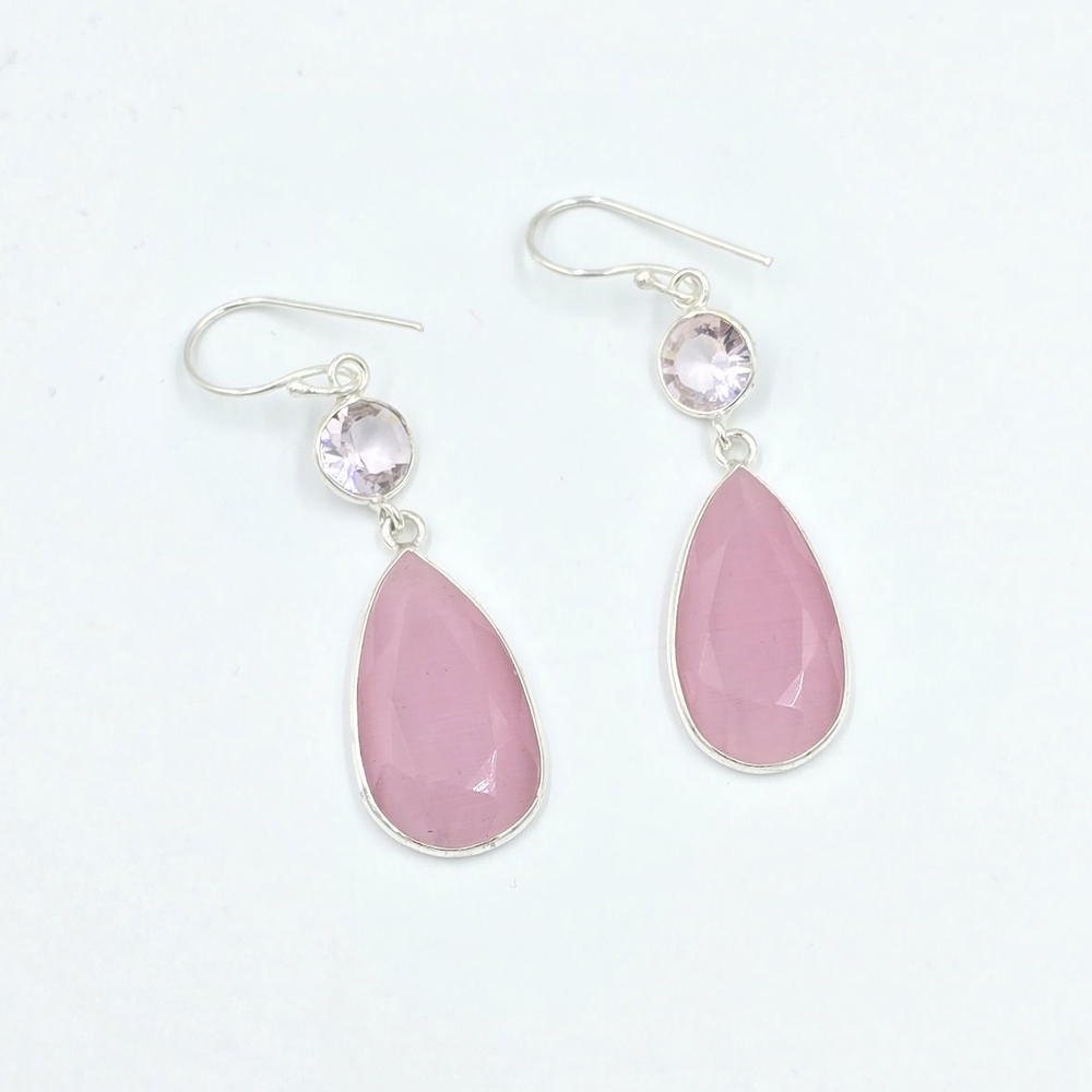 Pink Cat's Eye & Pink Topaz Drop Dangle Earrings Silver Plated Handcrafted
